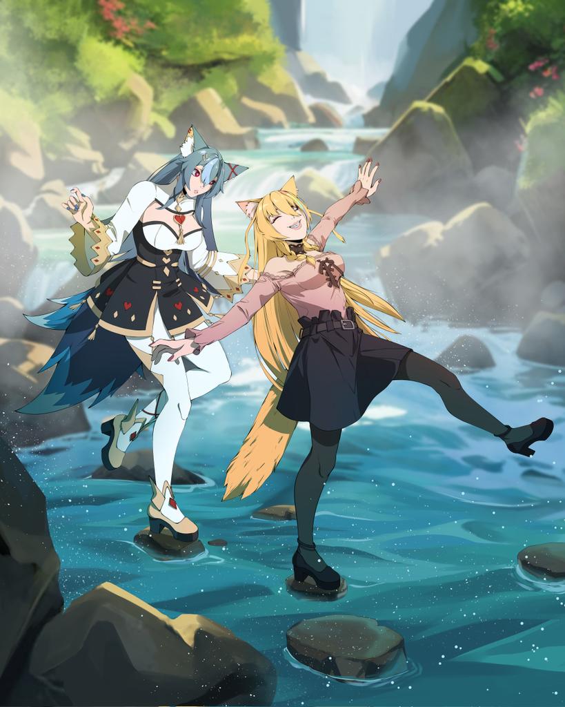 Virelight's tweet photo. @Kamiimaru 《 This are Sayuri and Sapphire. Two characters with intertwined lore that I (plan to) use much more in my content. I wont be able to fit it all in this short comment.. so...heres a generic list(?)

Sayuri: playfull, naive cat
Sapphire: Elegant, strategic bodyguard wolf》 https://t.co/rnBpDdGNUW