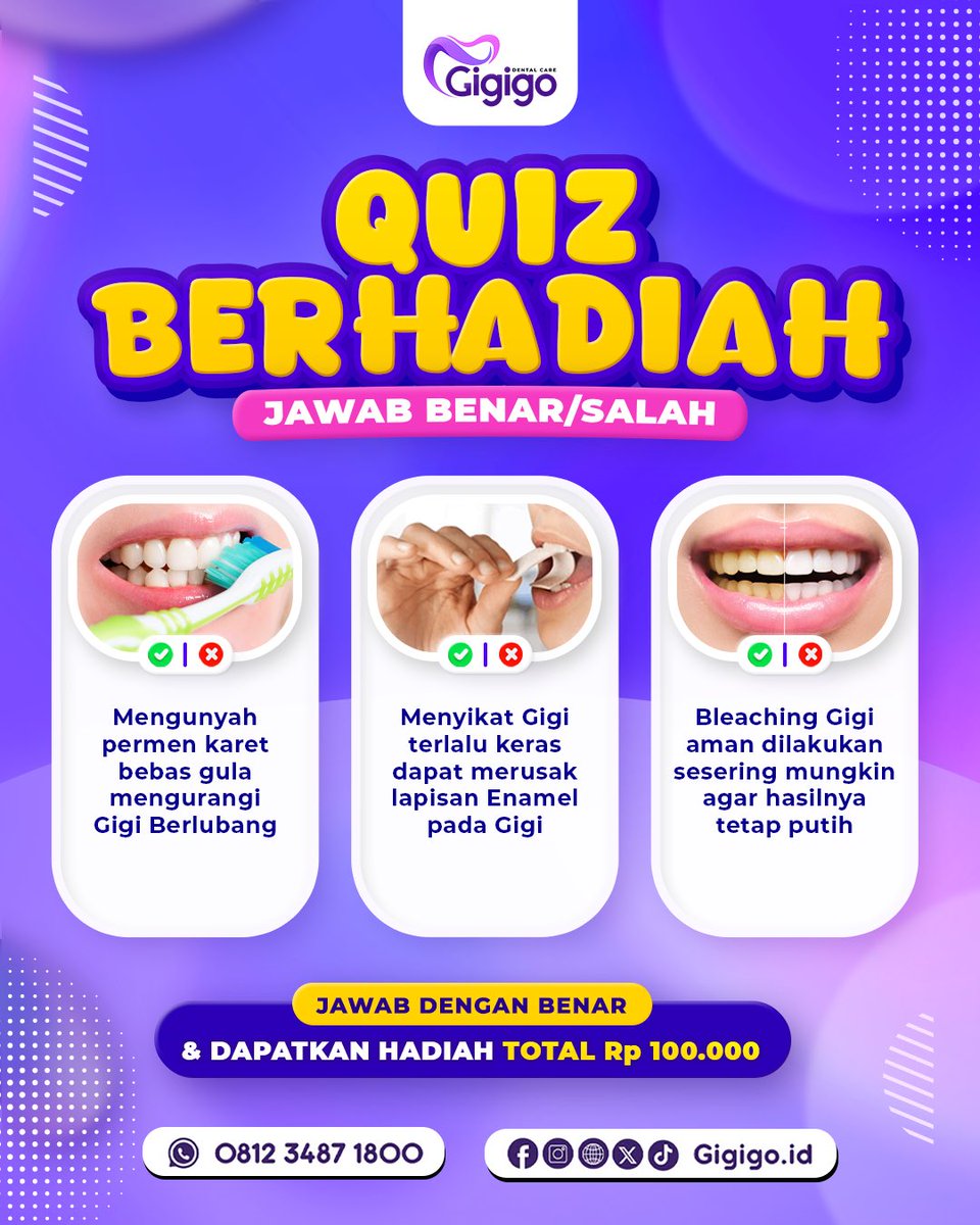 twitretailer's tweet image. ✅Mengunyah permen karet bebas gula mengurangi gigi berlubang (Benar).
✅menyikat gigi terlalu keras dapat merusak lapisan enamel (Benar).
❌Bleaching gigi aman dilakukan sesering mungkin agar hasilnya tetap putih (Salah).
#gigigo #quiztime #hadiah #QuizSeruMaya