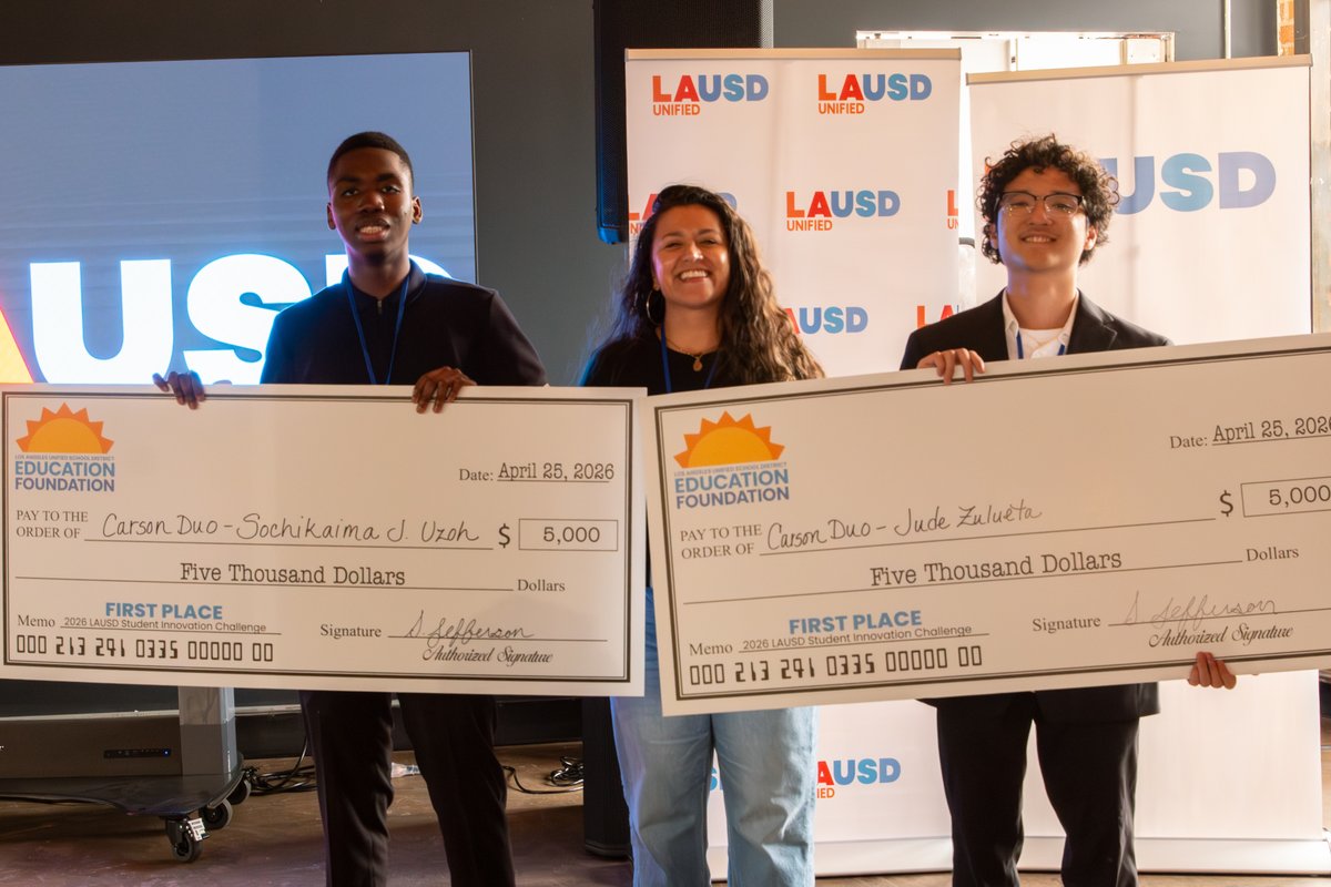 LASchools's tweet photo. On another stage, innovation takes center spotlight.

Finalists in the Student Innovation Challenge presented bold, student-designed solutions to real-world issues. Working in pairs, these students transformed ideas into actionable concepts and pitched them to a panel of industry professionals.

Congratulations to our first place winners: Jude Zulueta and Sochikaima Uzoh from Carson High School, Team Carson Duo, earning a $10,000 academic stipend ($5,000 per student).

#StudentInnovationChallenge