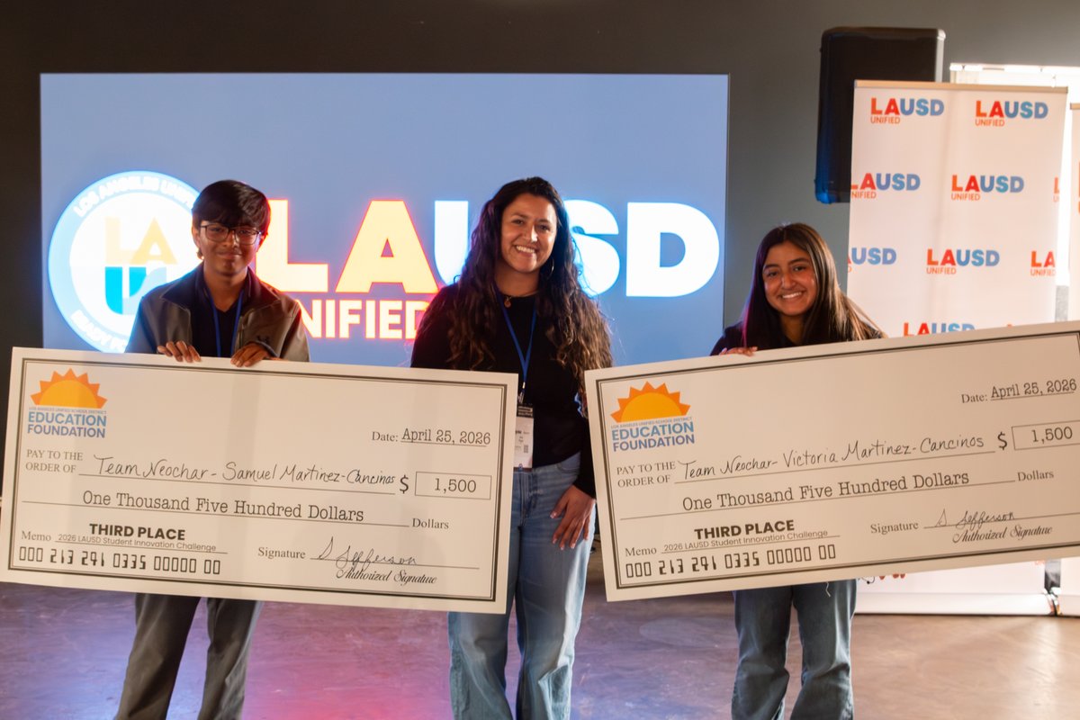 LASchools's tweet photo. On another stage, innovation takes center spotlight.

Finalists in the Student Innovation Challenge presented bold, student-designed solutions to real-world issues. Working in pairs, these students transformed ideas into actionable concepts and pitched them to a panel of industry professionals.

Congratulations to our first place winners: Jude Zulueta and Sochikaima Uzoh from Carson High School, Team Carson Duo, earning a $10,000 academic stipend ($5,000 per student).

#StudentInnovationChallenge