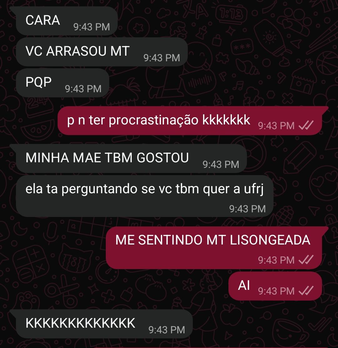 esqueci de postar o feedback da rayssa q eu simplesmente passei MUITO MAL KKKKKKKKKKKKKKKKKKKKKKKKKKKKK