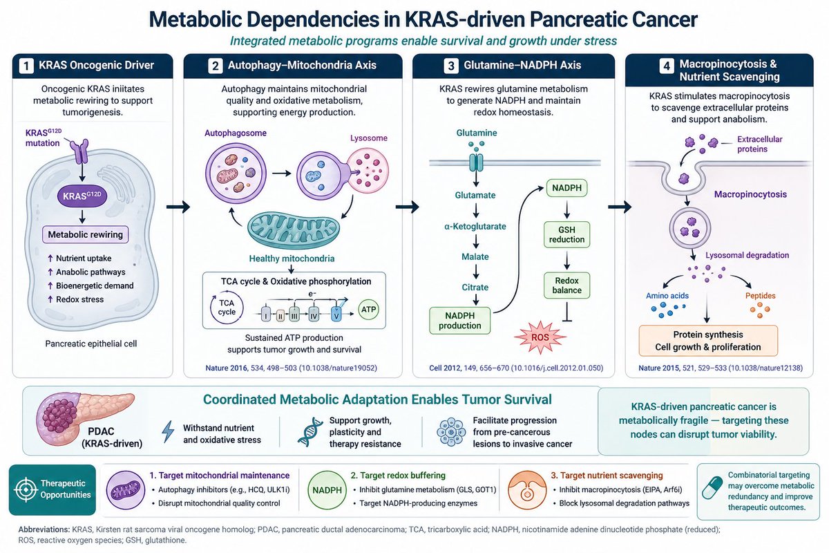🧬 Tumor initiation and survival in pancreatic cancer are fundamentally metabolic.

Three converging mechanisms define KRAS-driven PDAC:

1) Autophagy sustains mitochondrial metabolism
   → maintains TCA cycle flux and energy production
   (Nature, 10.1038/nature19052)

2) KRAS