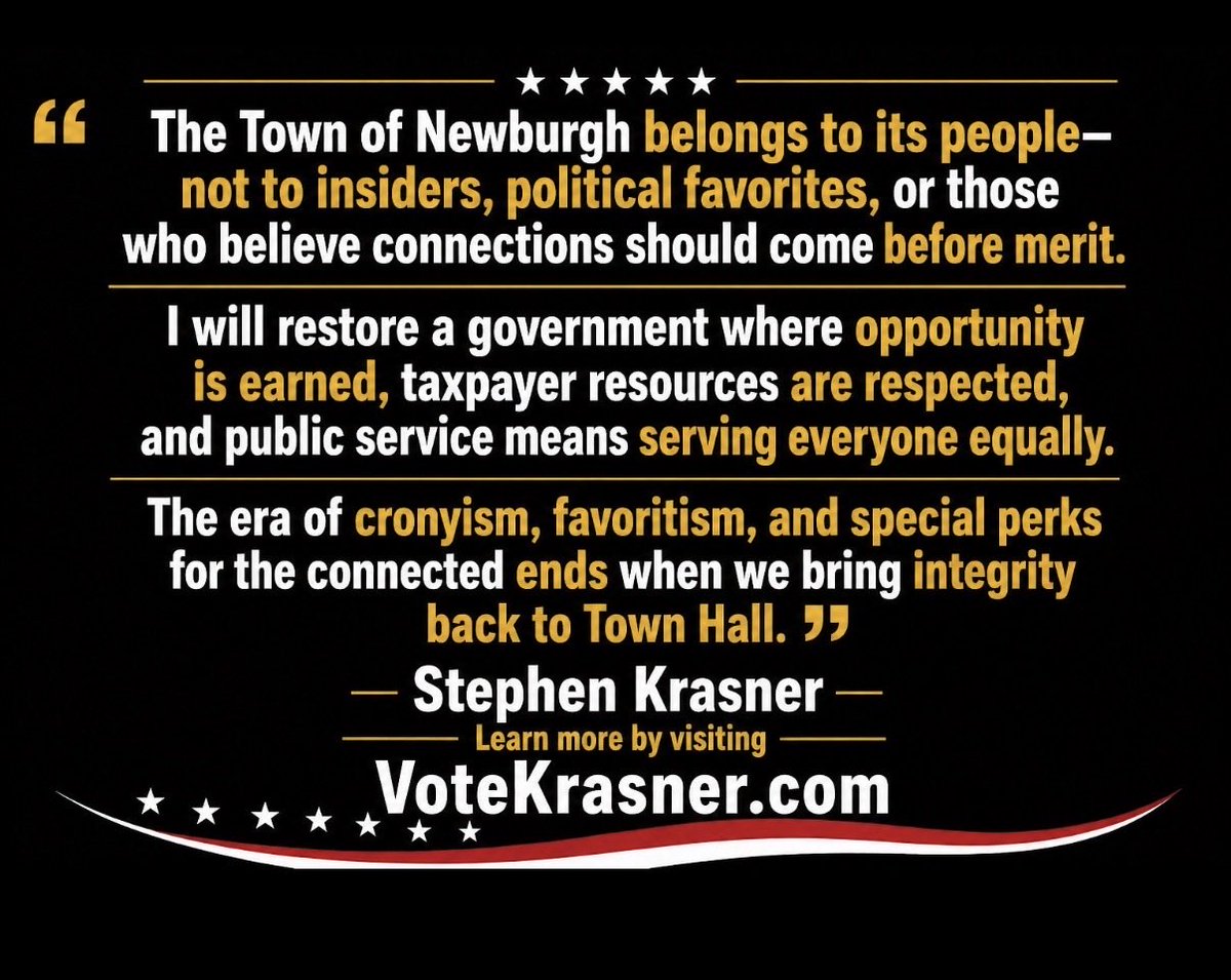 Krasner's tweet photo. The Town of Newburgh belongs to its people—not insiders or favorites. I’ll restore a government where opportunity is earned, people are respected, and public service means serving everyone equally. The era of cronyism and perks ends when integrity returns to Town Hall. #Newburgh https://t.co/EH5w56kCMF