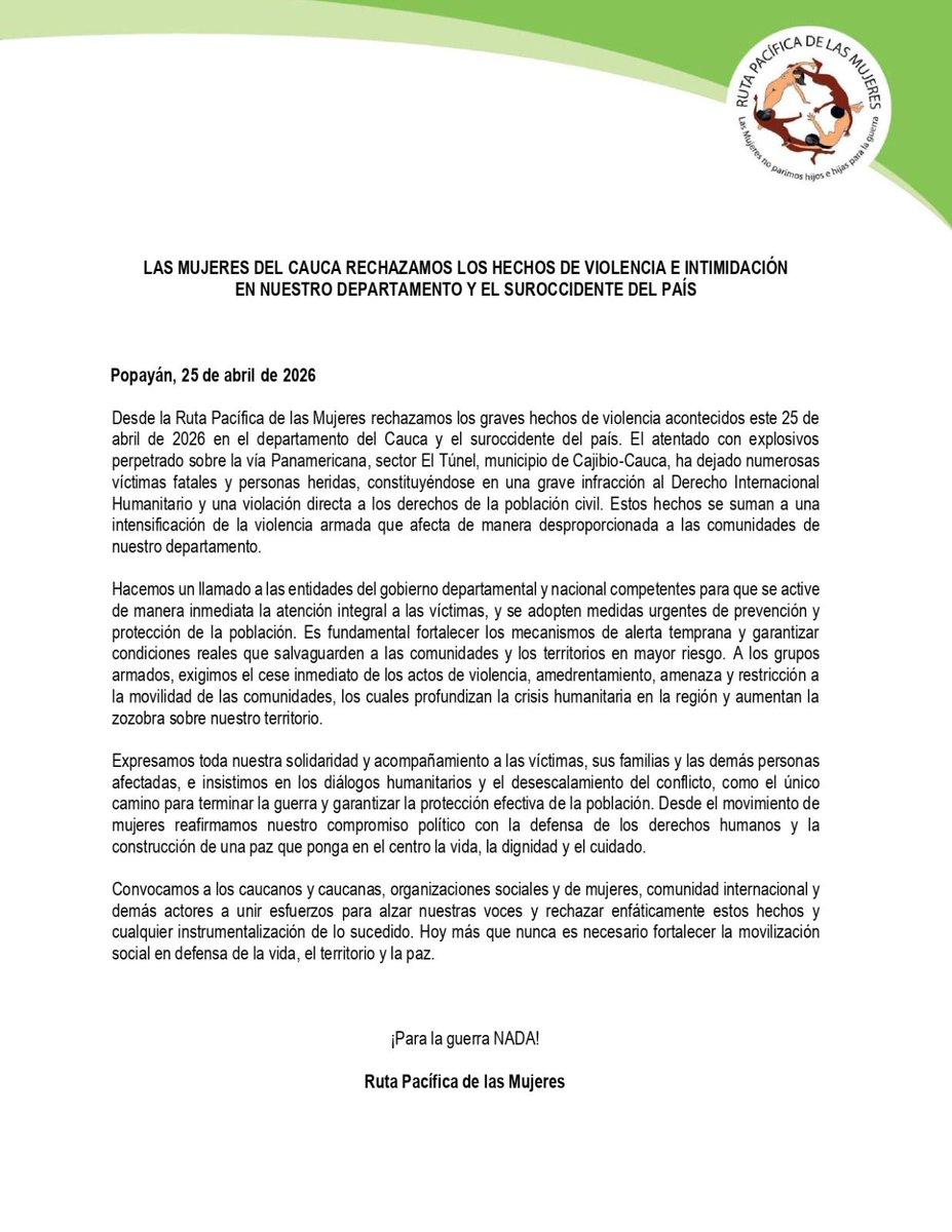 -Solidaridad y acompañamiento a las víctimas.
-Rechazo absoluto a los crímenes de guerra contra la población civil.
-Exigencia a los armados para que detengan sus acciones, desescalen el conflicto y abran una opción de diálogo.
-Persistir en la Paz como única salida a la guerra.