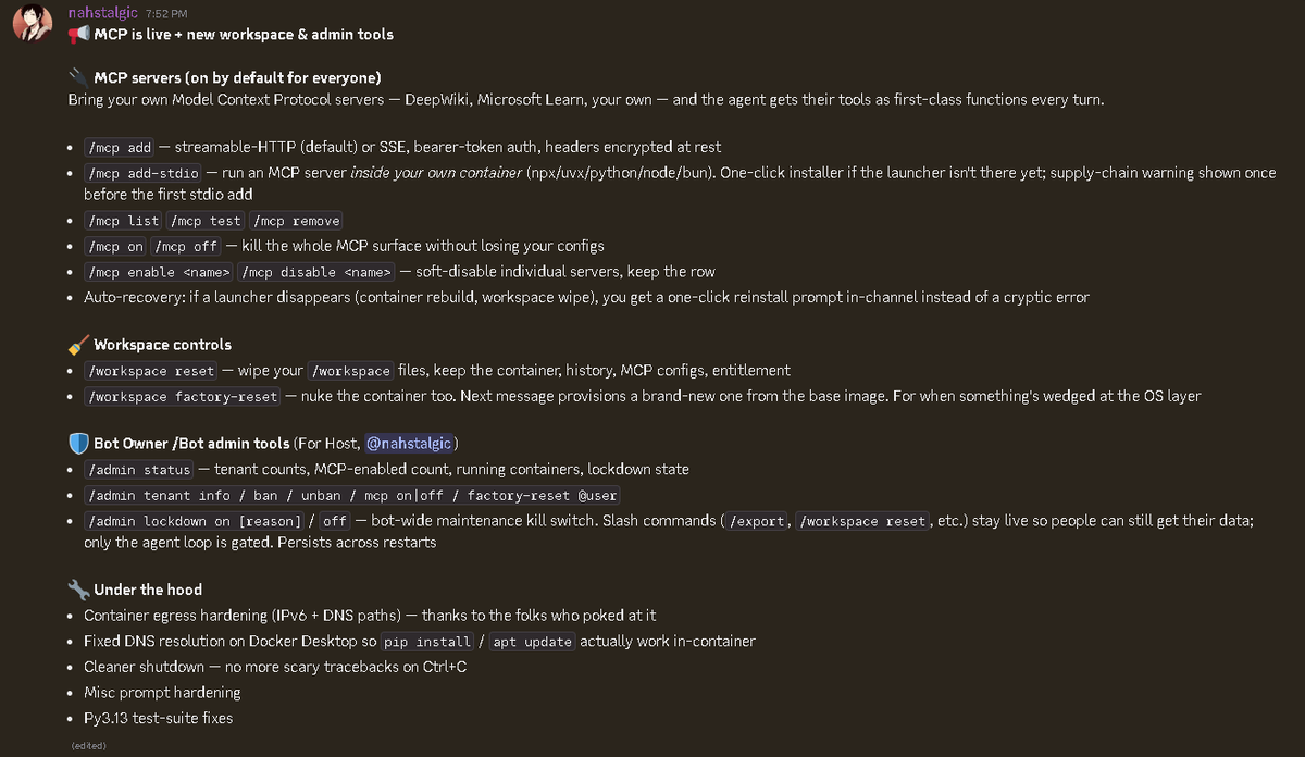ergod_dev's tweet photo. ๐ท MCP is live + new workspace controls & admin tools
#Ergod #DiscordBot #AIDiscordBot #2WeeksIn #BuildinPublic https://t.co/y1Yp73Nju0