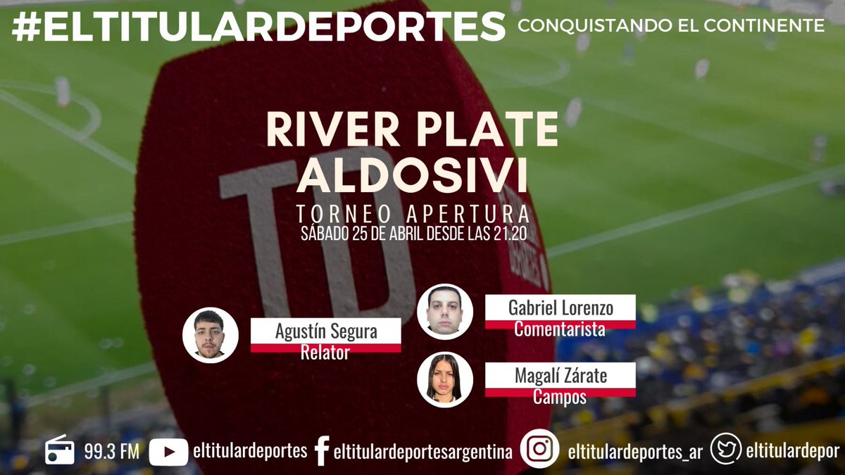 Hoy hay Torneo Apertura 

#RiverPlate vs. #Aldosivi 
📻 99.3 FM
🖥️ lapoderosadigital.com.ar
📱Youtube.com/eltitulardepor…