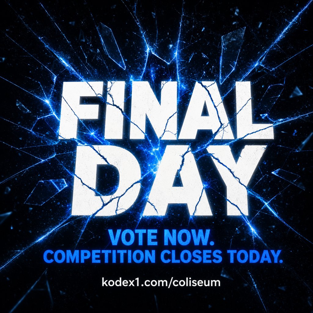Kodex1dotcom's tweet image. Epic Last Stand closes tomorrow. Less than 30 hours left to enter or vote.

Human vs AI. $50 to the winning video.

Vote now: kodex1.com/coliseum #ai #aivideo #AIeverywhere