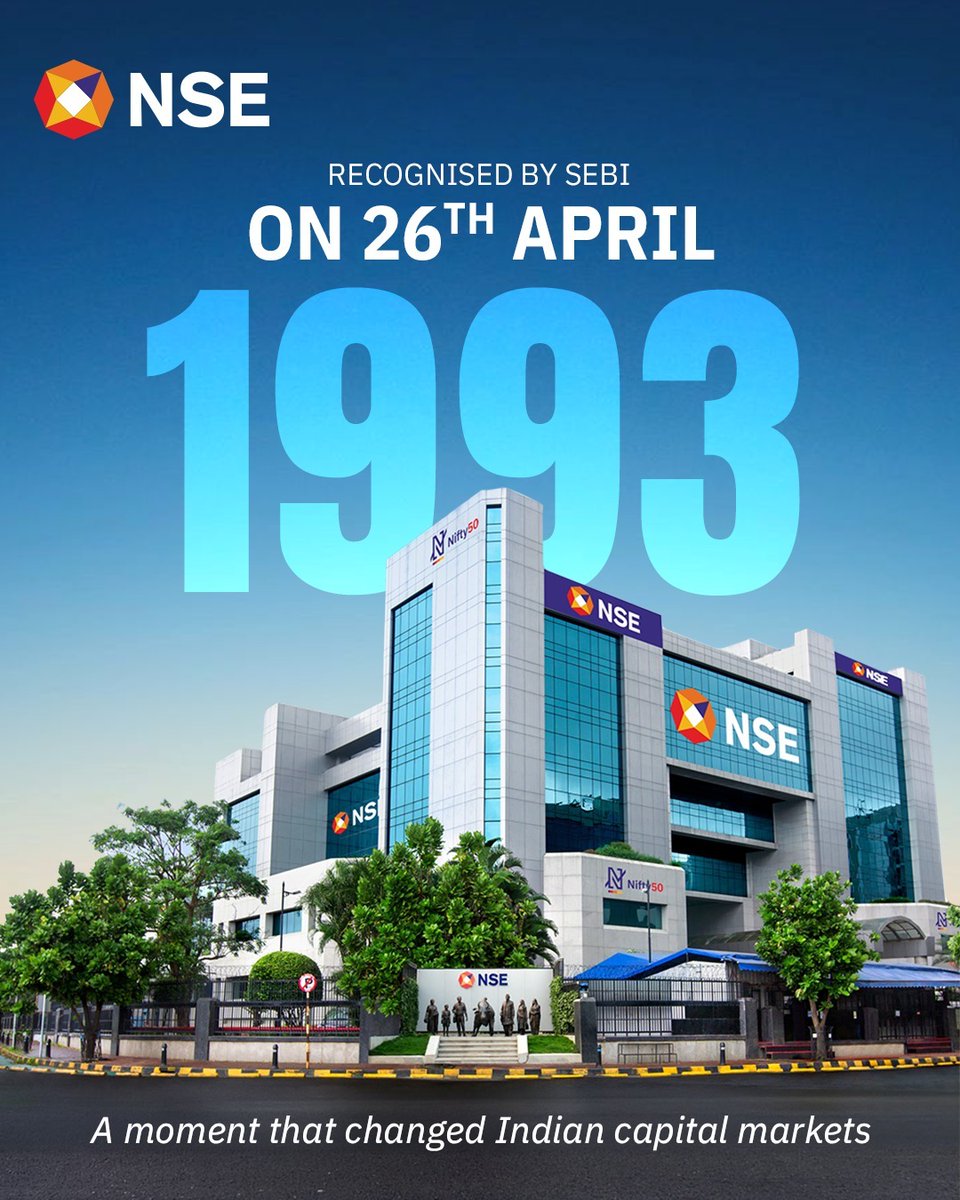 NSEIndia's tweet image. Every transformation has a starting point. 
Recognised by SEBI in April 1993, NSE marked the beginning of a new era in India’s capital markets.
A milestone that laid the foundation for transparent, technology-driven markets in India.

#NSE #NSEIndia #Milestone