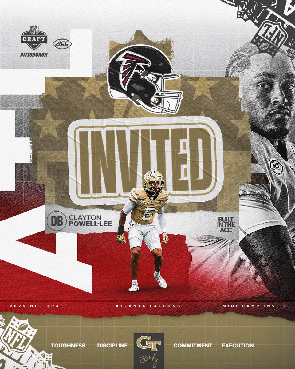 GeorgiaTechFB's tweet photo. Atlanta calling ☎️

@clayton1lee invited to @AtlantaFalcons rookie minicamp 🦾

#StingEm 🐝 https://t.co/5uUkf8Wtqi