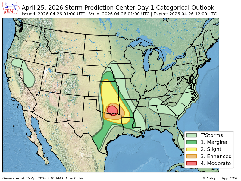 The Storm Prediction Center issues Day 1 Convective Outlook (Max Risk: Moderate) at Apr 26, 1:00z spc.noaa.gov/products/outlo…