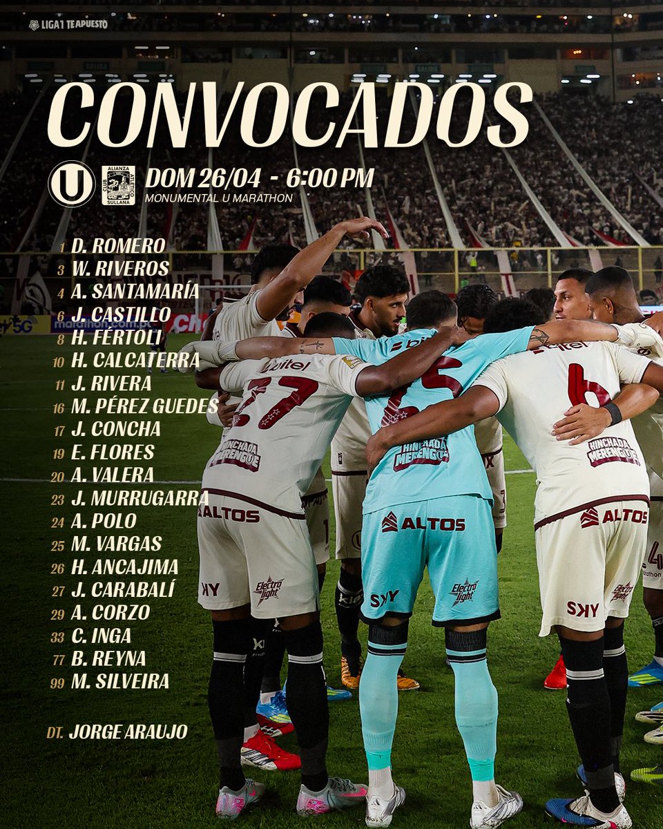 𝗟𝗜𝗦𝗧𝗔 𝗢𝗙𝗜𝗖𝗜𝗔𝗟 📋

Estos son nuestros convocados para enfrentar a <a href="/alianzasullana_/">Alianza Atletico de Sullana</a> por la fecha 12 del Apertura 2026.

#UnaHistoriaDeGrandeza