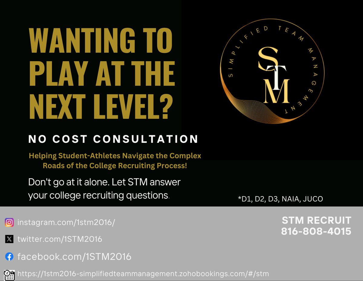 1STM2016's tweet image. Reflect: Closer to your sports goals today? 🏟️ Recruiting is tough. Let us map your future.

Free session:
🔗 …lifiedteammanagement.zohobookings.com/#/463597600000…
📞 816-808-4015

#Recruiting #StudentAthlete #STMRecruit #GoalSetting