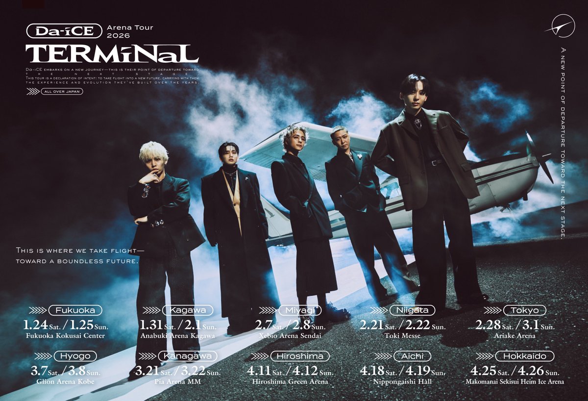 【4/26チケット情報】
「Da-iCE ARENA TOUR 2026 -TERMiNaL-」
da-ice.jp/news/detail.ph…

本日、4/26(日) 北海道・真駒内セキスイハイムアイスアリーナ（DAY2）最終公演の当日券販売が決定！

開場時間14:00から、入場口付近・チケットBOXにて販売いたします。

【開場14:00/開演15:00】

#TERMiNaL