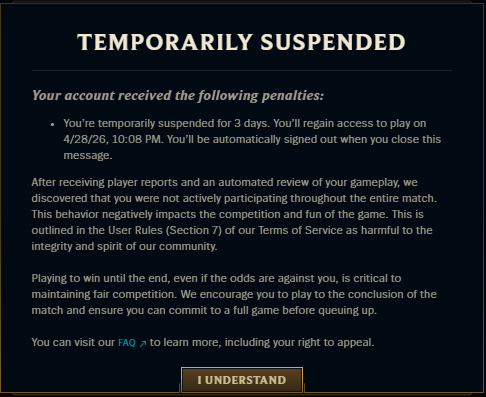 Amaldicoa's tweet photo. Depois de 1 ano e 2 meses sem jogar soloq,fico 1:30min na base pra ir no banheiro e tomo ban de 3 dias 

obrigado riot,terei que me sustentar com diamante tnc https://t.co/STx4aG55BD