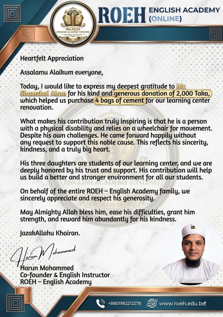 roeh5522's tweet image. A small act of kindness can build a brighter future. 

Heartfelt thanks to Mr. Shamshul Alam for his generous support toward

May Allah bless you abundantly.

#Gratitude #ROEH #CommunitySupport #EducationForAll #KindnessMatters #LearningCenter #DonationAppreciation