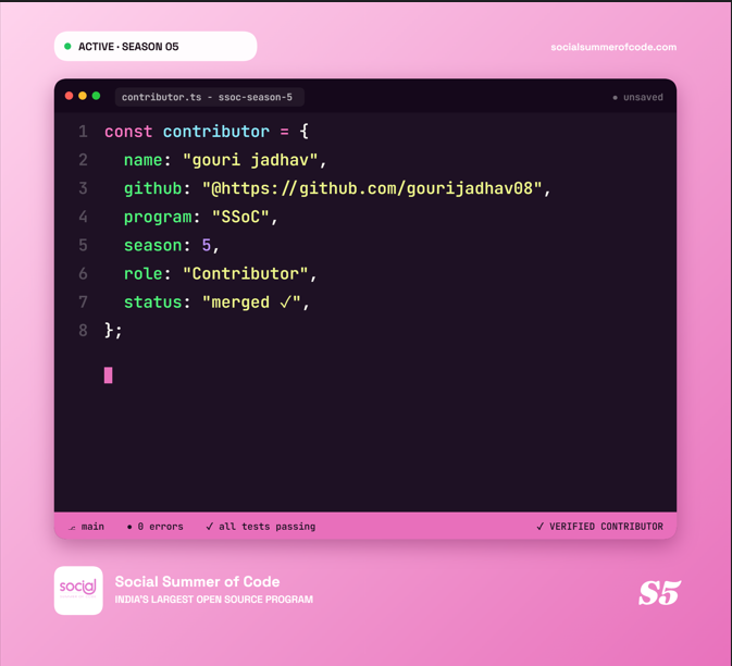 gourijadha12285's tweet photo. 🚀 Got selected as a Contributor in SSOC Season 5!
Looking forward to contributing to meaningful projects and learning a lot along the way 💻🔥#SSOC #OpenSource #Coding https://t.co/K66oDPtPk1