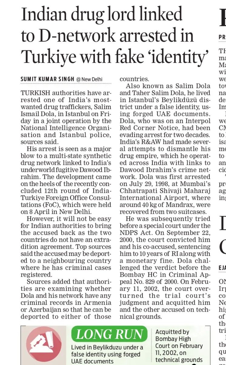 Indian drug kingpin Salim Dola — linked to Dawood Ibrahim's network &amp; wanted under an INTERPOL Red Corner Notice — has been arrested in Istanbul's Beylikdüzü district in  joint MİT–police operation. He was found living under a forged UAE identity.
#SalimDola #INTERPOL #Istanbul