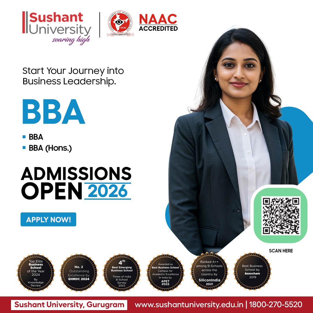 SushantUni's tweet image. Lead. Adapt. Drive impact.

BBA (Hons.) at Sushant University—built for future business leaders.

Admissions Open 2026. Apply now.

#SushantUniversity #BBA #FutureLeaders #AdmissionsOpen