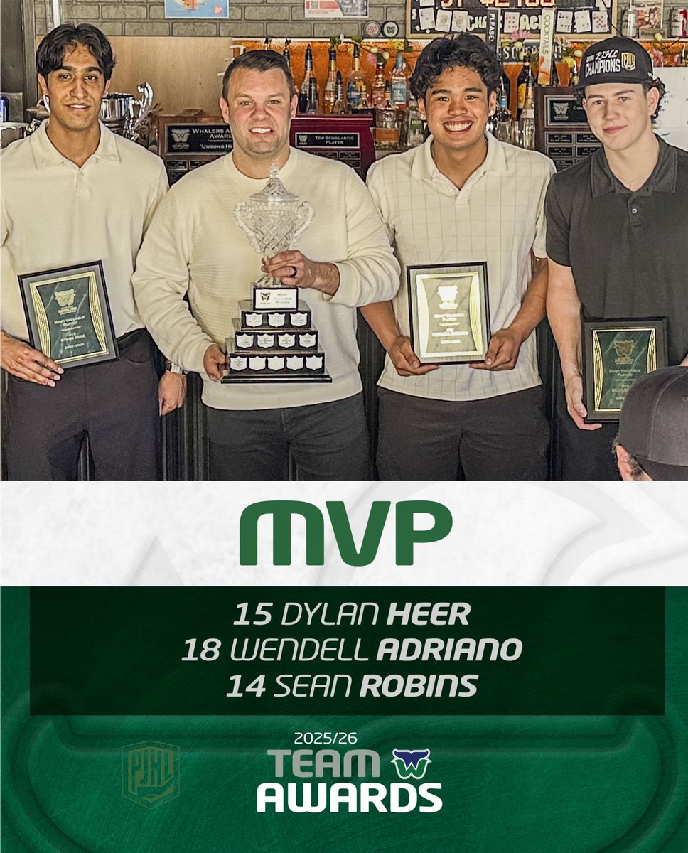 WRWhalersHockey's tweet image. We would like to congratulate Dylan Heer, Sean Robins and Wendell Adriano on being awarded the MVP trophy, presented by Whalers Head Coach David Rutherford!

Congratulations Wendell, Dylan and Sean!

#WhalersAwardsBanquet
#RidetheWave 
@ThePJHL