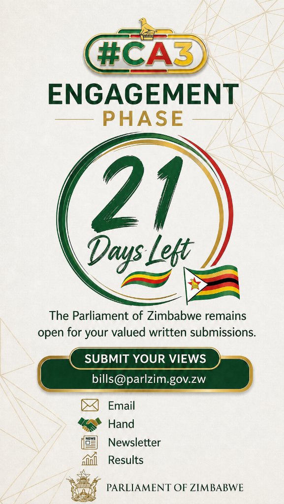 NoGwajaa's tweet image. Your voice matters now more than ever. With 21 days left, take part in the #CA3 Engagement Phase and help build a better Zimbabwe.

#vision2030 #CA3