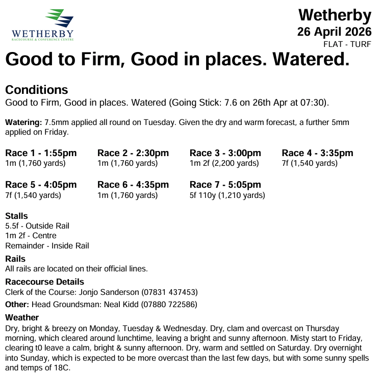 WetherbyRaces's tweet photo. Following a warm &amp; sunny day on Saturday, conditions have dried marginally ahead of today's race meeting.  The forecast for Sunday is for a dry &amp; overcast day, but hopefully the sun will make another appearance at some point! https://t.co/cdKilv2NHi
