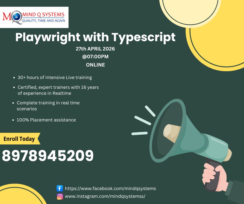 MindQSystems's tweet photo. Playwright with Typescript Batch Starts on 27th APRIL 2026 @ 07:00PM.
more details: https://t.co/Ja7nGjUiWf
https://t.co/LGMtXO8cMw
More Details:
Contact Team on- +91-8978945209 https://t.co/th2tW9FRO8