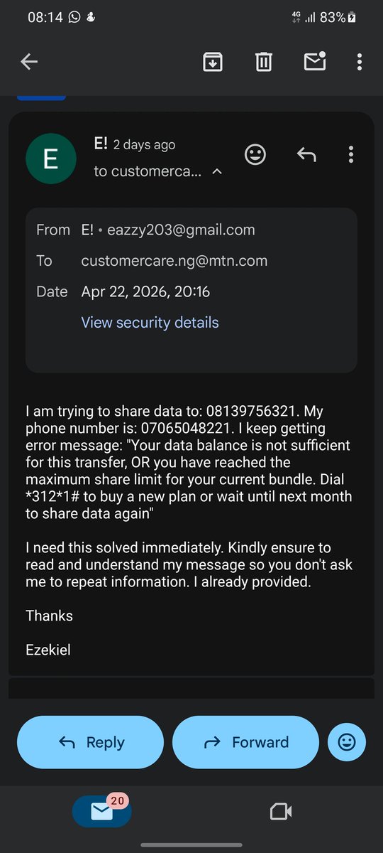 Eazzy_007's tweet photo. @MTN180 it is over four days now since I sent this email. No response. In 2026!!!! https://t.co/mB65B4AhYj
