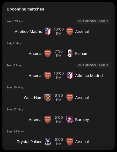 متبقي 6-7 مباريات لآرسنال حتى نهاية الموسم!

احتمال يخرج بأقوى بطولتين بالموسم ، واحتمال يخرج بموسم صفري .. أهم شهر لآرتيتا ❤️