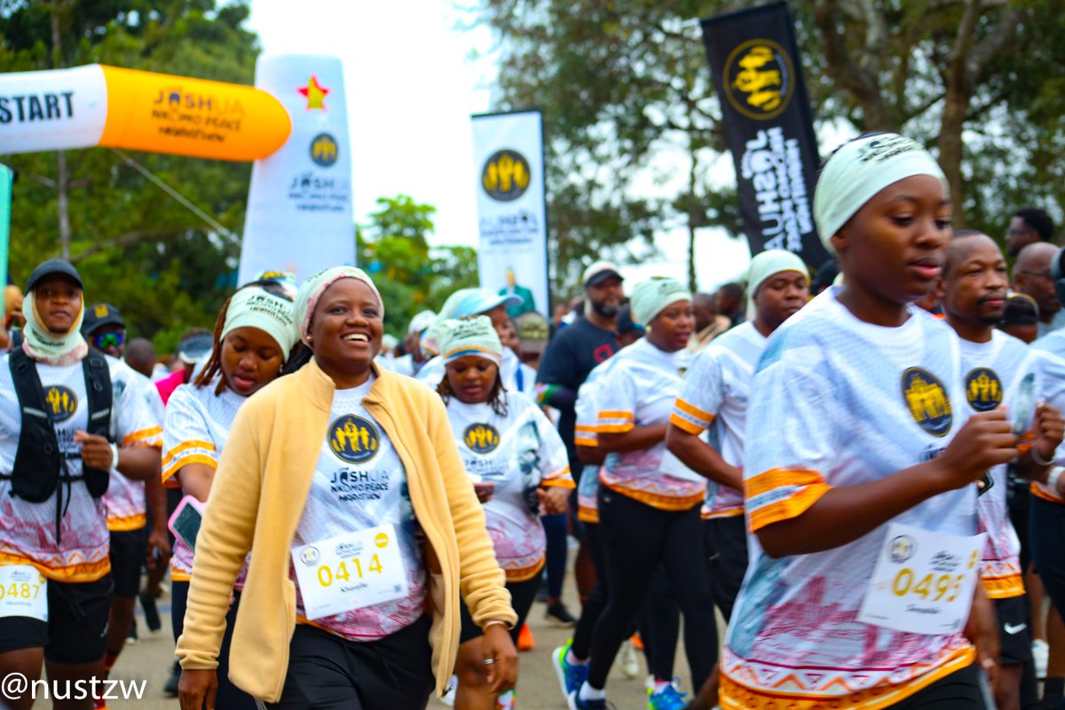 nustzim's tweet photo. The Joshua Nkomo Peace Marathon is live at NUST! Hundreds of global runners are tackling 42.2km, 21.1km, 10km, 5km and 18km Paralympic routes for a share of $60,000 in prizes. Join us at the Sports Arena for fitness and fun! #ChooseNUST #JMNkomo #ChooseNUST #RunforPeace https://t.co/fsuyIzSHmL