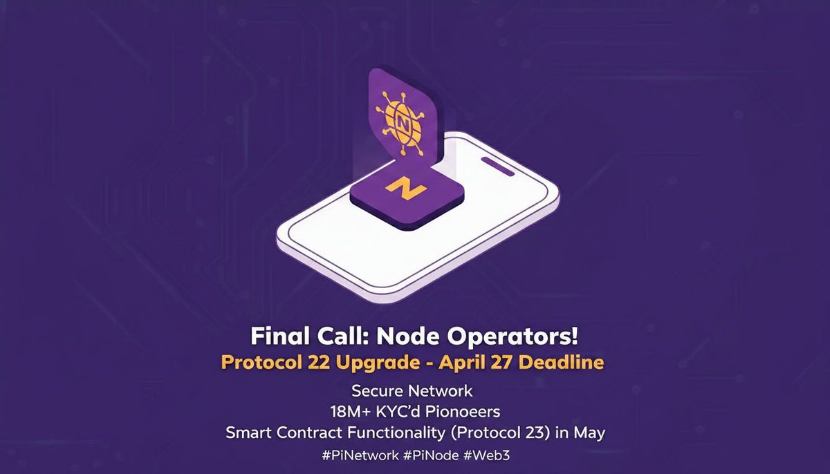 shrh56108161's tweet image. Pi Node Operators: Final call! The mandatory Protocol 22 upgrade deadline is tomorrow April 27. This secures the network for our 18M+ KYC'd Pioneers and unlocks smart contracts in May with Protocol 23. The future is programmable. #PiNetwork #PiNode #Web3
