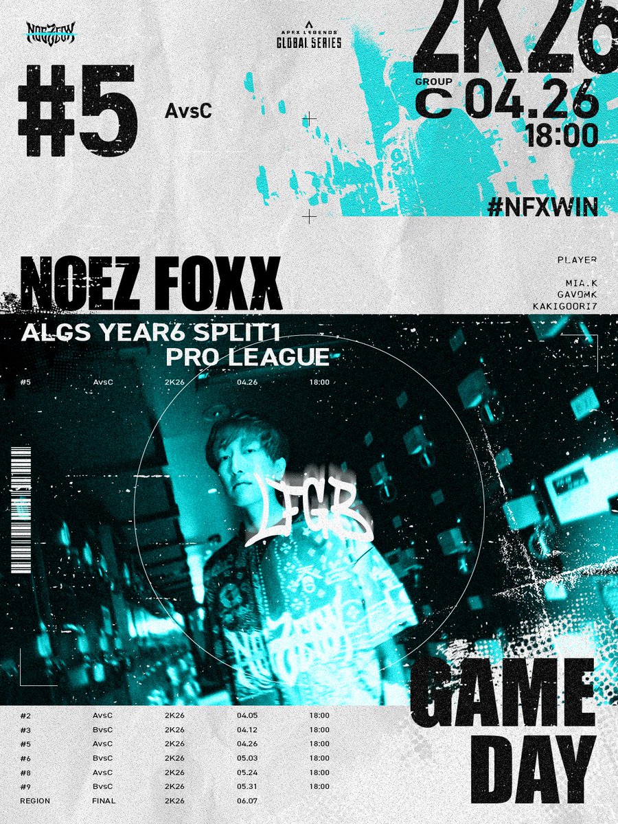 noezfoxx_jp's tweet image. 【NOEZ FOXX APEX Div.】  
 [ #ALGS Year6 Split1 Pro League APAC North ］ 
 4/26 18:00- #3 A vs C  ALGS Year6  

待ち遠しかった第3戦目💨
かましたれ、LFGB🤟🤟🤟

 ■ Player  
kakigoori7-@kkakigoori7
gavomk-@gavomk
Miak-@MiaKnightley 

■ Coach  
Raygh -@Raygh_fps

#NFXWIN