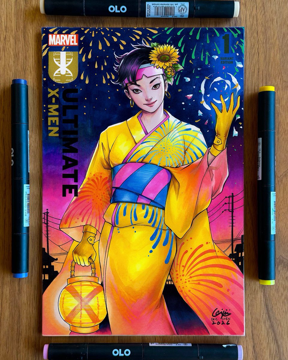 ericwjchen's tweet image. Kimono Jubilation Lee / Jubilee at a summer fireworks festival!

This one is more inspired by summer as it is getting warmer here in Tokyo. 

Drawn on an Ultimate X-Men blank comic sketch cover with @olomarker and paint markers for the fireworks. 

#xmen #jubilee