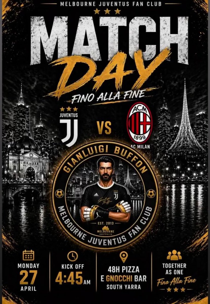 jcdmelbourne's tweet image. Jofc Melbourne Gigi Buffon are showing the Ac Milan vs Juventus game @ HQ 48HOURS PIZZA GNOCCHI 🍕 BAR SOUTH YARRA MONDAY 4:45AM E.S.T AUSTRALIA 🇦🇺 🦘 Time..🖤🤍🤌👌🫵🫶💪🦓
#Jcdmelbourne #FinoAllaFine #Gigi Buffon