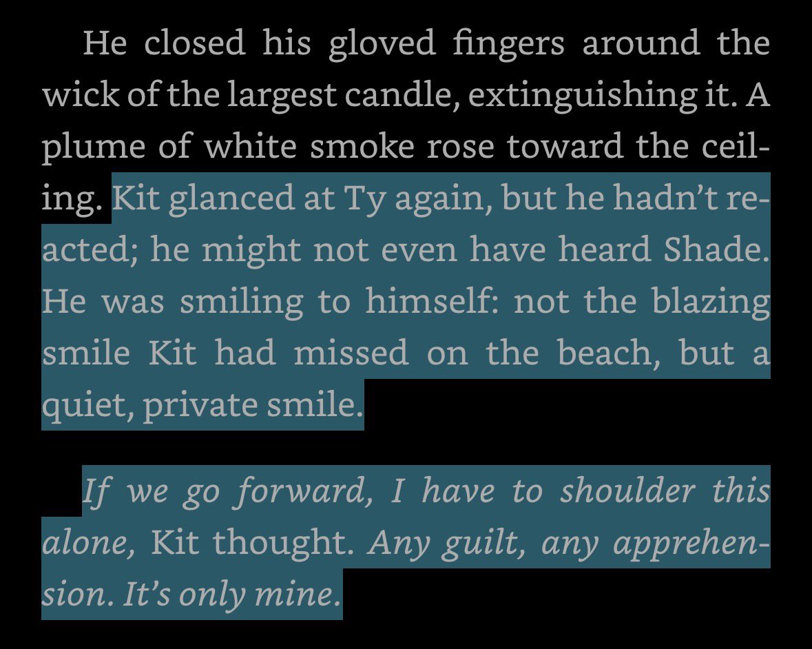 Kit experiencing his first love inflected with dread and pain as he aids his beloved in something he knows is wrong…  thank you Cassandra Clare.