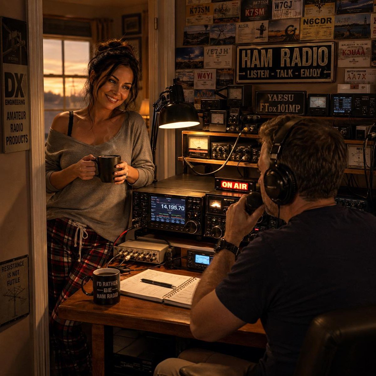 Ham Radio 24-7: "This is ham radio. Late nights. Glowing dials. A logbook full of calls from places most people will never visit. An ON AIR light that means the world just got a little smaller. And someone who loves you enough to show up in the doorway with a coffee and a smile —