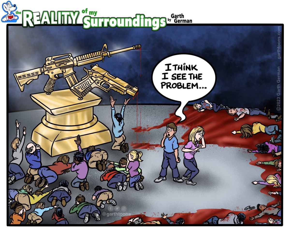 garthtoons's tweet photo. Our country celebrates violence as a means to resolve problems and glorifies guns as a form of resistance to tyranny. And then we act surprised when someone turns to gun violence to resolve their perceived issues. We have a problem. 

Follow for more cartoons. 

#endgunviolence https://t.co/TrFVL6qt9G