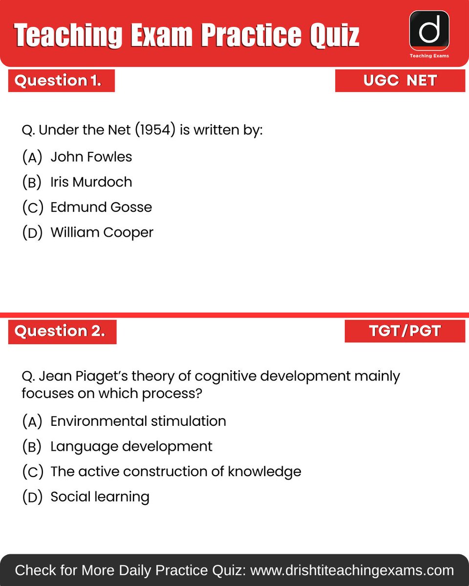 Drishtiteaching's tweet image. Today’s daily practice quiz is here 📚 Try it and check your score!

More such available on Drishti Teaching Exams Website for daily practice.

#UGC #TET #TGT #PGT #BiharTeaching #MCQ #PracticeQuiz #PYQ #TeachingMCQ #DrishtiTeachingExams