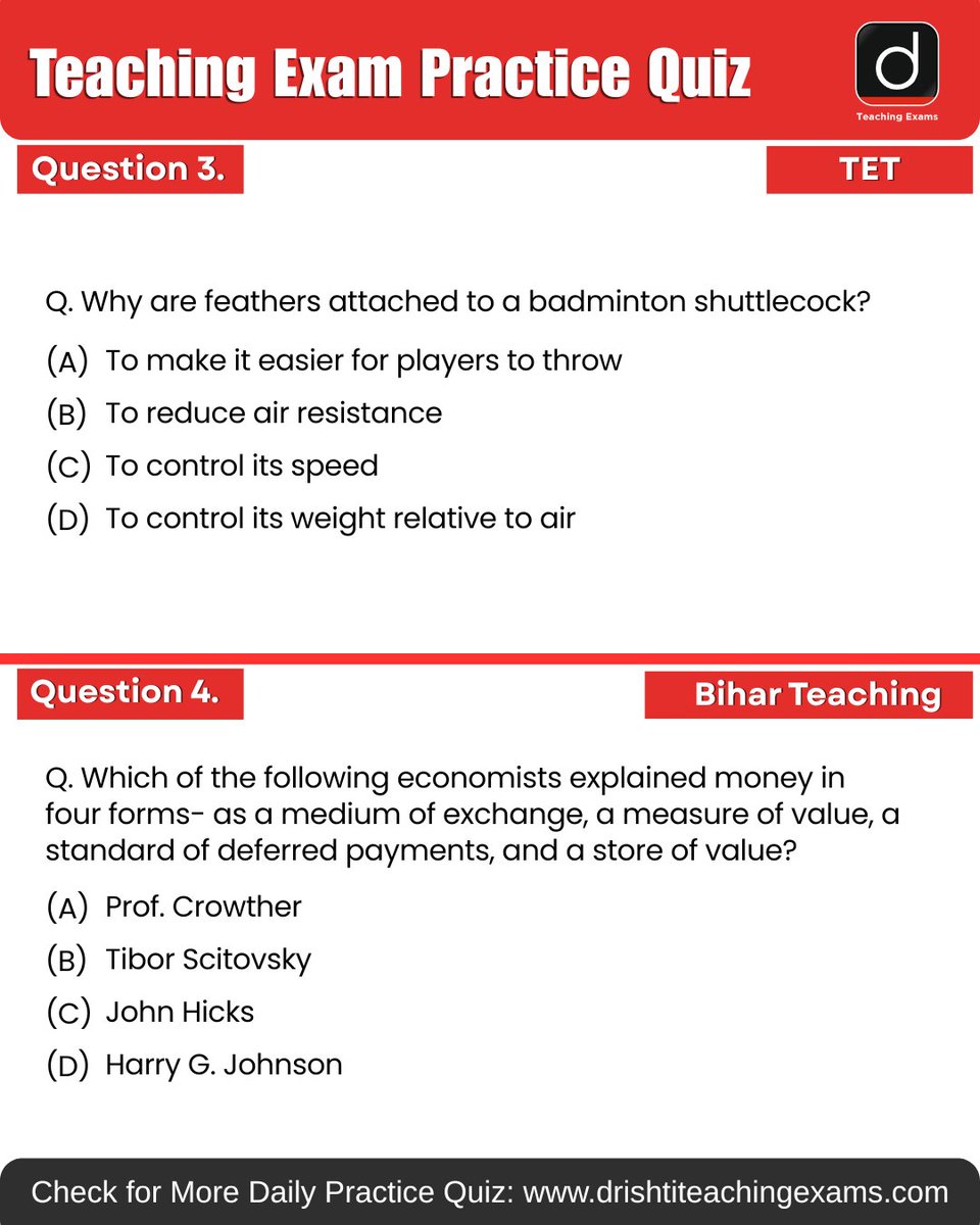 Drishtiteaching's tweet image. Today’s daily practice quiz is here 📚 Try it and check your score!

More such available on Drishti Teaching Exams Website for daily practice.

#UGC #TET #TGT #PGT #BiharTeaching #MCQ #PracticeQuiz #PYQ #TeachingMCQ #DrishtiTeachingExams