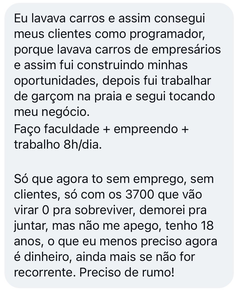 ZattarRafael's tweet photo. #ZFlix
18 anos, programador. R$3.700 na conta, R$1.600 de aluguel chegando e desempregado.
Já trabalhou como garçom, lavou carros, entregava 70 currículos/dia.
Morando em Floripa, tentando não voltar pra casa. Sem renda, sem clientes.
Patrimônio: quase zero.
Qual a dica pro jovem guerreiro?