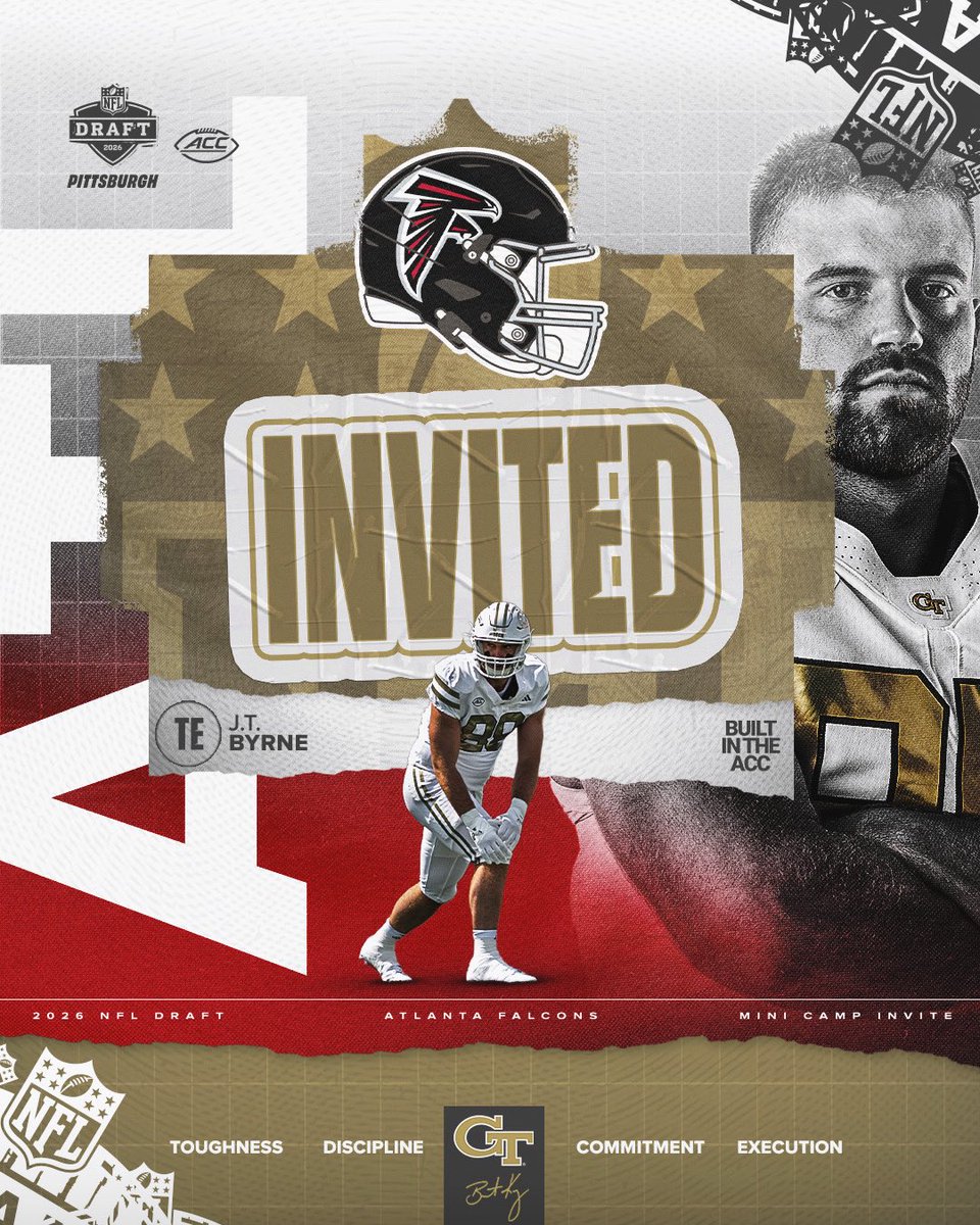 GeorgiaTechFB's tweet photo. Work speaks 🦾
 @AtlantaFalcons minicamp up next for JT Byrne ✅

#StingEm 🐝 https://t.co/1g8VgsFIqM