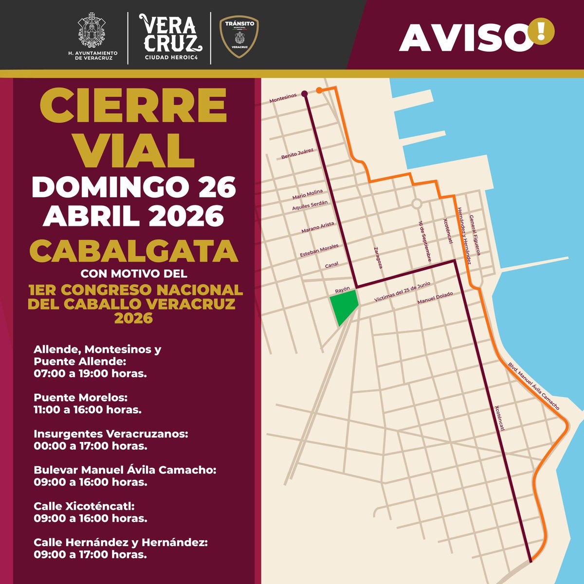 AgenciaSPI's tweet image. 🚧 Ojo si andas por el puerto de Veracruz este domingo…

Habrá cierres viales en el centro y zona costera por la Magna Cabalgata 2026 🐎
Más de 3 mil jinetes recorrerán la ciudad.

⏰ Desde la mañana
📍 Mario Molina, Independencia, Ávila Camacho y más

#Veracruz #Cabalgata