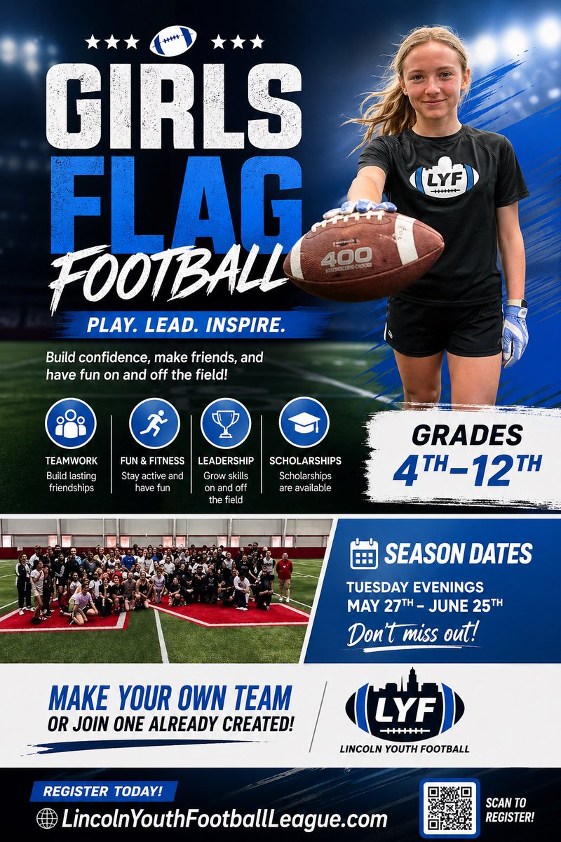 MikeLemanu's tweet image. Yo, Lincoln NE friends!  You got a young lady looking to ball out, here’s her shot.  Register today!  #girlsflagfootball #girlpower #fyp #football #her