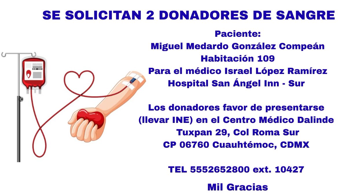 Por favor ayudemos. Es importante. Acudir al Hospital Centro Médico Dalinde (Tuxpan 29, Col. Roma Sur)...Mil Gracias🙏<a href="/donaenvida/">Únete Dona en Vida</a> <a href="/dona_sangre/">Dona sangre</a>
📌AquíInformación👀👇