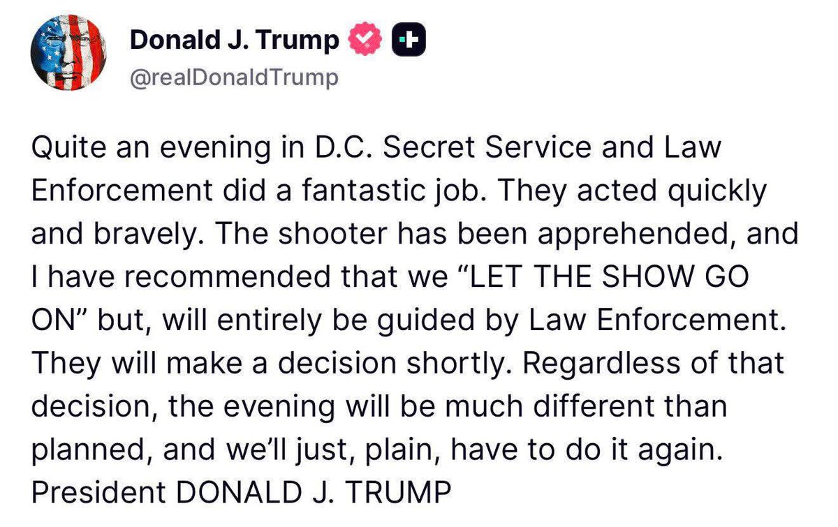 by__daniela's tweet photo. 🚨 #BREAKING: President Trump’s reaction regarding the shooting at the Correspondents Dinner.

#TRUMP #BreakingNews #politics #NewsUpdate https://t.co/HmaKu6K0Gv