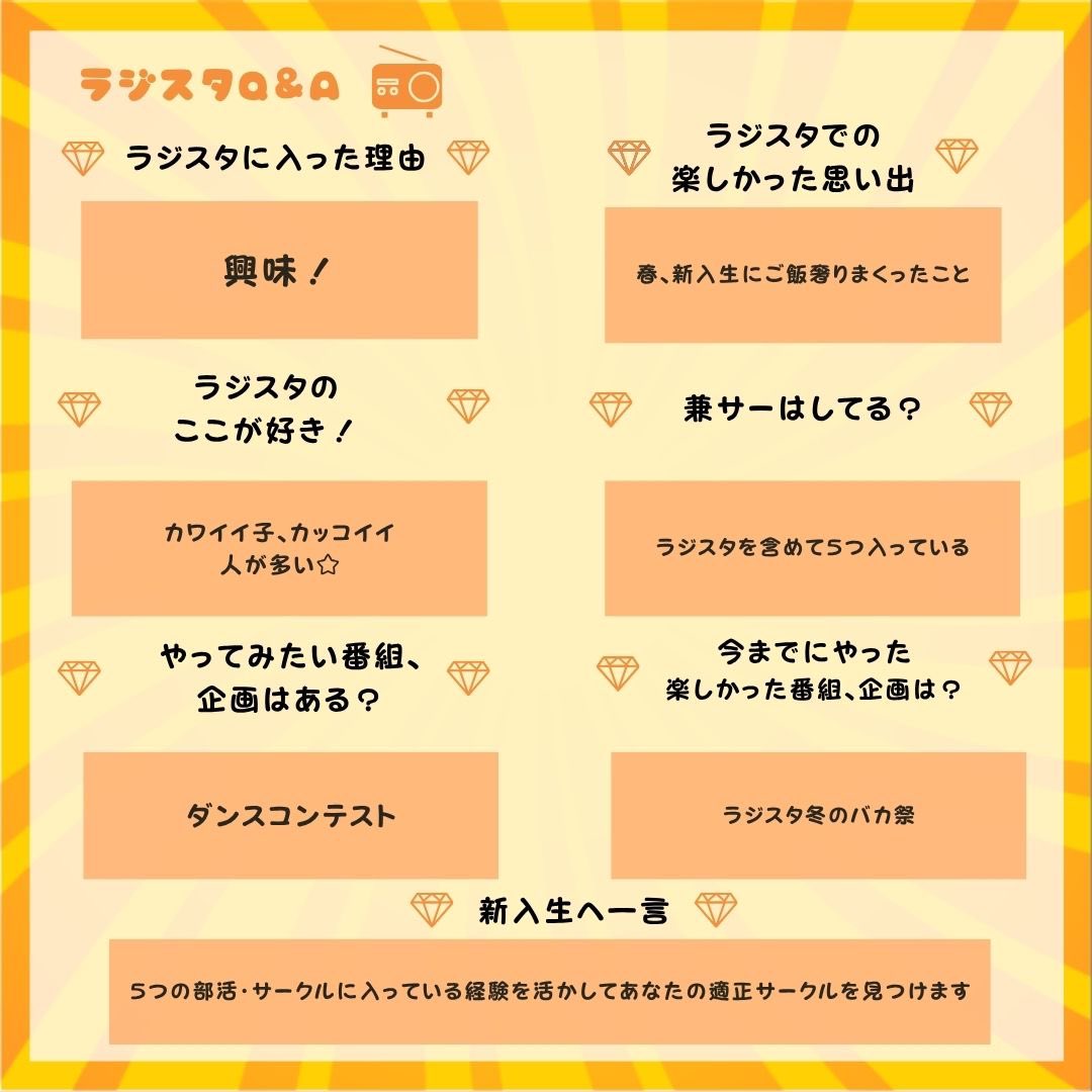 【ラジスタメンバープロフィール】
本日は3回生のプロフィールを紹介！
気になった方はDMか部室に来てみてください！

#ラジスタ 
#岐阜大学新歓情報
#新歓
