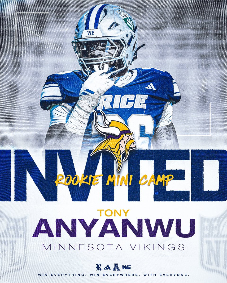 RiceFootball's tweet image. 𝐑𝐨𝐨𝐤𝐢𝐞 𝐌𝐢𝐧𝐢𝐜𝐚𝐦𝐩 𝐈𝐧𝐯𝐢𝐭𝐞.

Tony Anyanwu is heading to the North Star State for Vikings Minicamp ⭐️

#WE