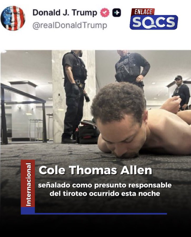 DDSS2001's tweet photo. Se trata de Cole Thomas Allen, de 31 años (profesor de primaria en California, según reportes iniciales). 

Las imágenes fueron difundidas directamente por el presidente Trump en Truth Social y rápidamente compartidas en redes.
#AtentadoTrump
#TiroteoTrump
#Trump https://t.co/7T5C7FGydi