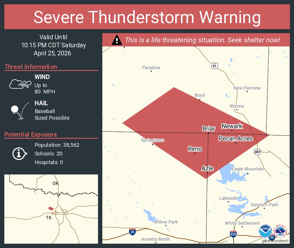 Severe Thunderstorm Warning continues for Azle TX, Briar TX and Pecan ...