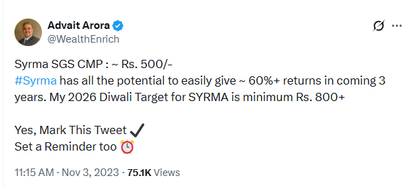 WealthEnrich's tweet image. Syrma SGS Tech: ₹ 970 🚀
Now Nearing 100% Returns &amp;amp; 
Diwali is still 6 months away !
#SyrmaSGS #multibagger