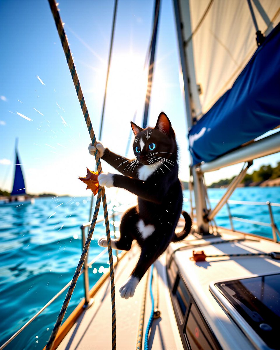 My diving adventures were legendary today 🐠😌 Time for some prime sun puddle napping ☀️😴 Best seat in the house for this sunset view 🌅🐾Serious sailing tomorrow ⛵ ✨ 
#SailingCat #BestNap #Recovering